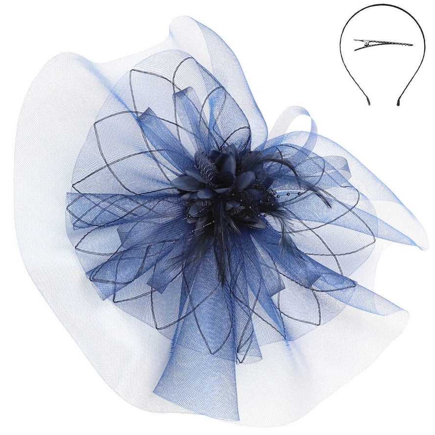 Floral Feathered Sinamay Fascinator | Navy