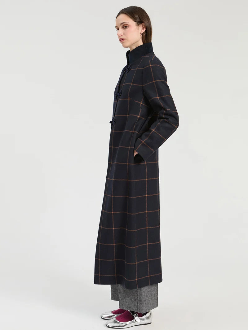 Navy Plaid Wood Duffle Coat