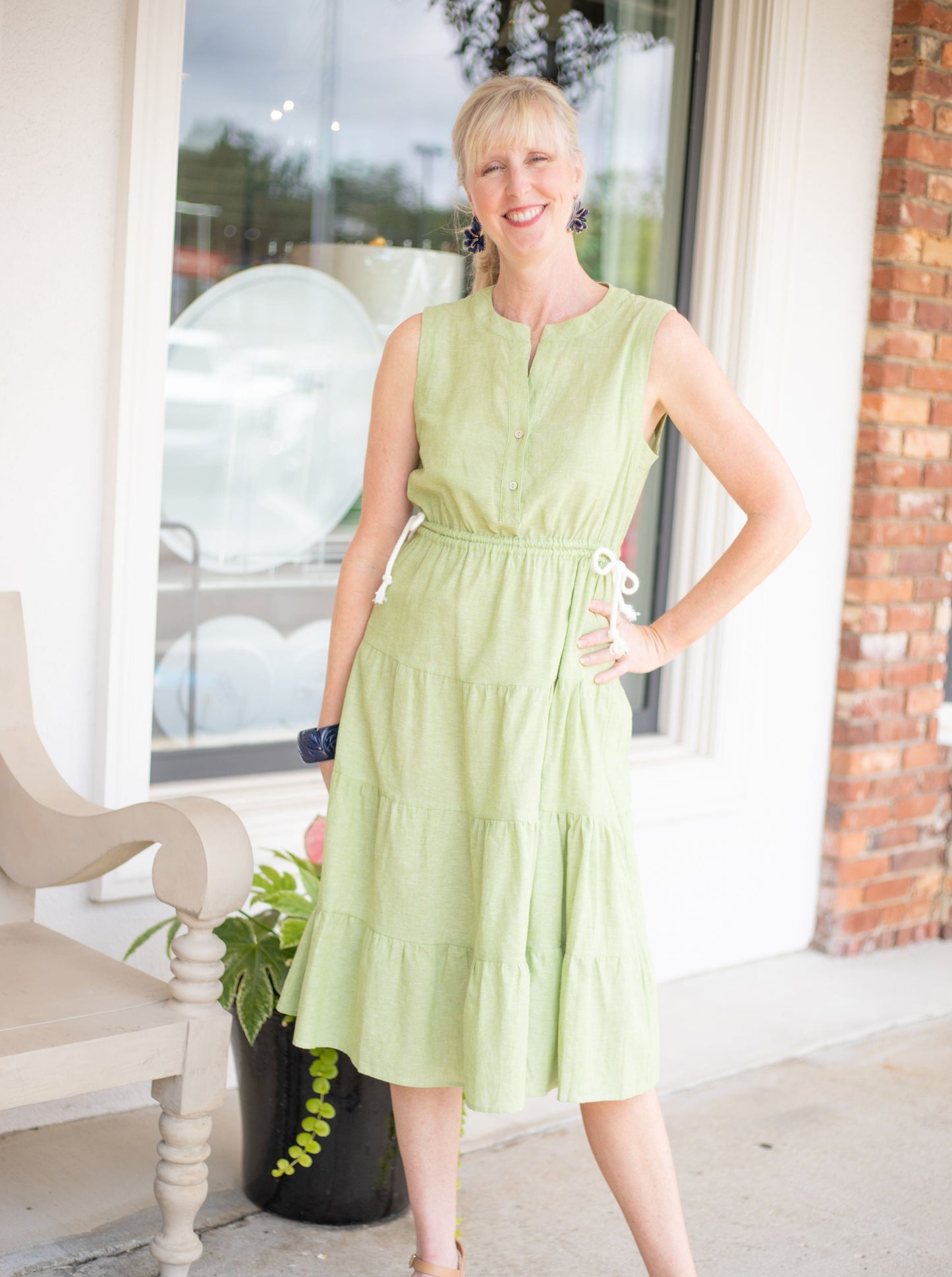 Midi Linen Dress-Celery : XS