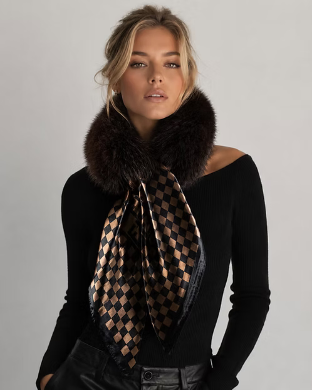 Brown Fox Collar w/Silk Scarf