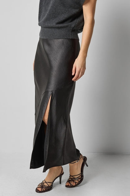 Satin Slit Front Skirt | Black