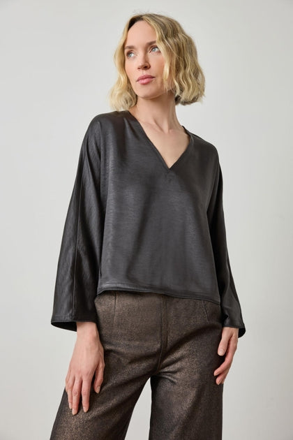 Satin V-Neck Dolman Top | Black