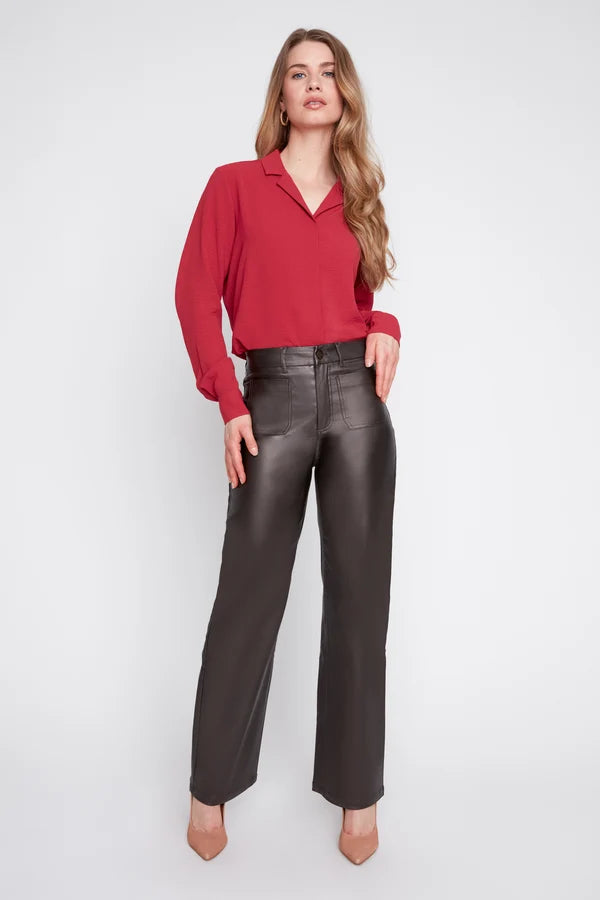 Chocolate Waxed Stretch Straight-Leg Pants