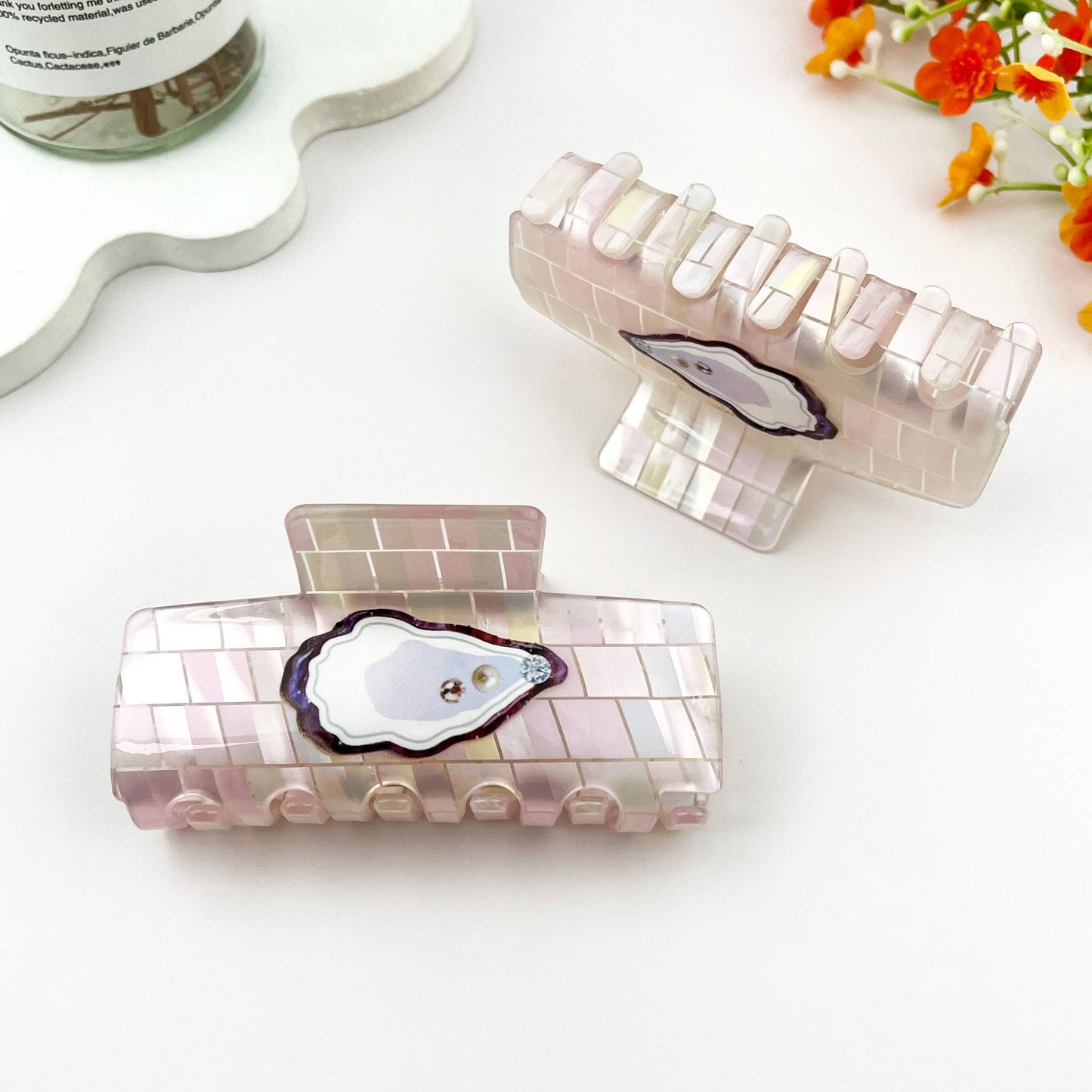 Iridescent Oyster Shell Square Claw Clip Coastal Style: Colorful