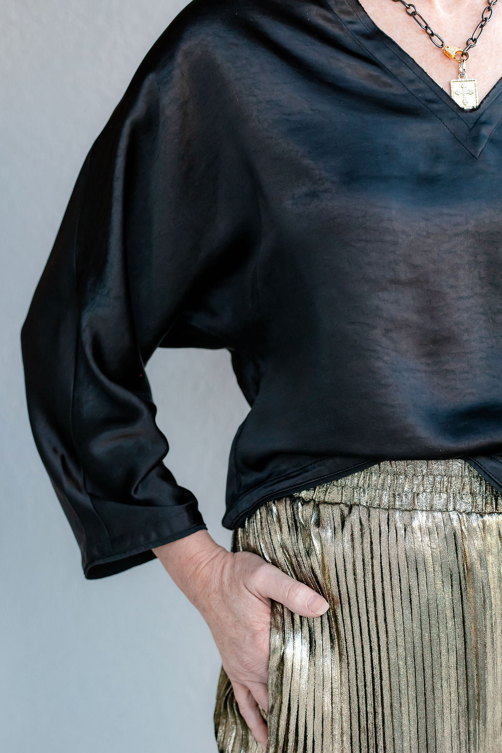 Satin V-Neck Dolman Top | Black