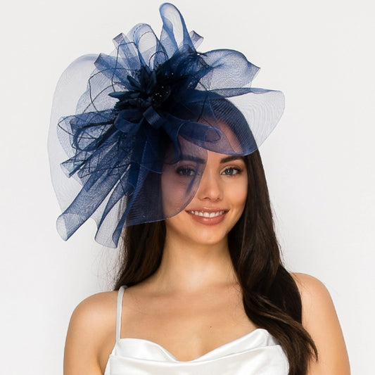 Floral Feathered Sinamay Fascinator | Navy