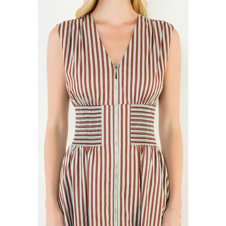 Stripes Zipper Dress | Brown