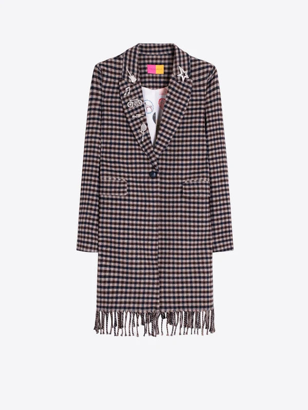 Checked Coat with Fringes