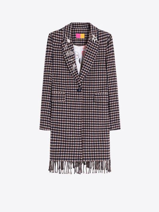Checked Coat with Fringes