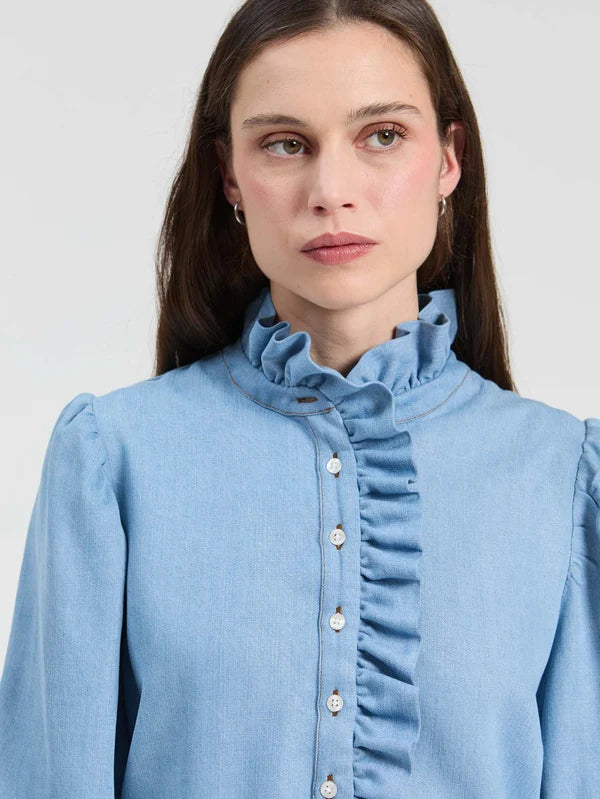 Denim Shirt with Ruffles