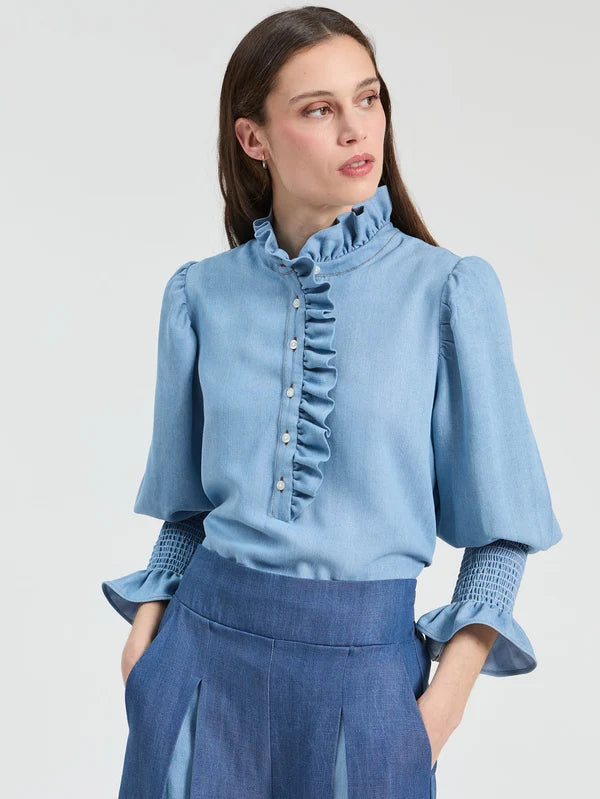 Denim Shirt with Ruffles