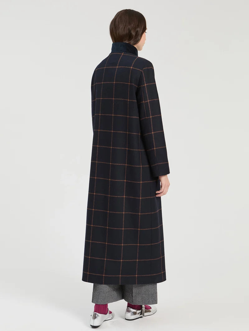 Navy Plaid Wood Duffle Coat