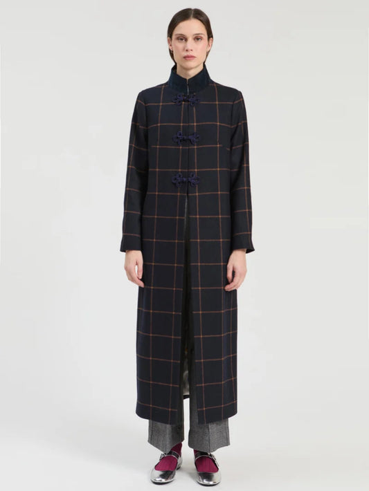 Navy Plaid Wood Duffle Coat