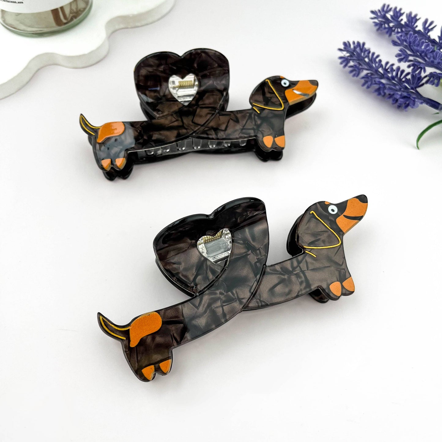 Heart Dachshund Acetate Hair Claw Clip: Brown