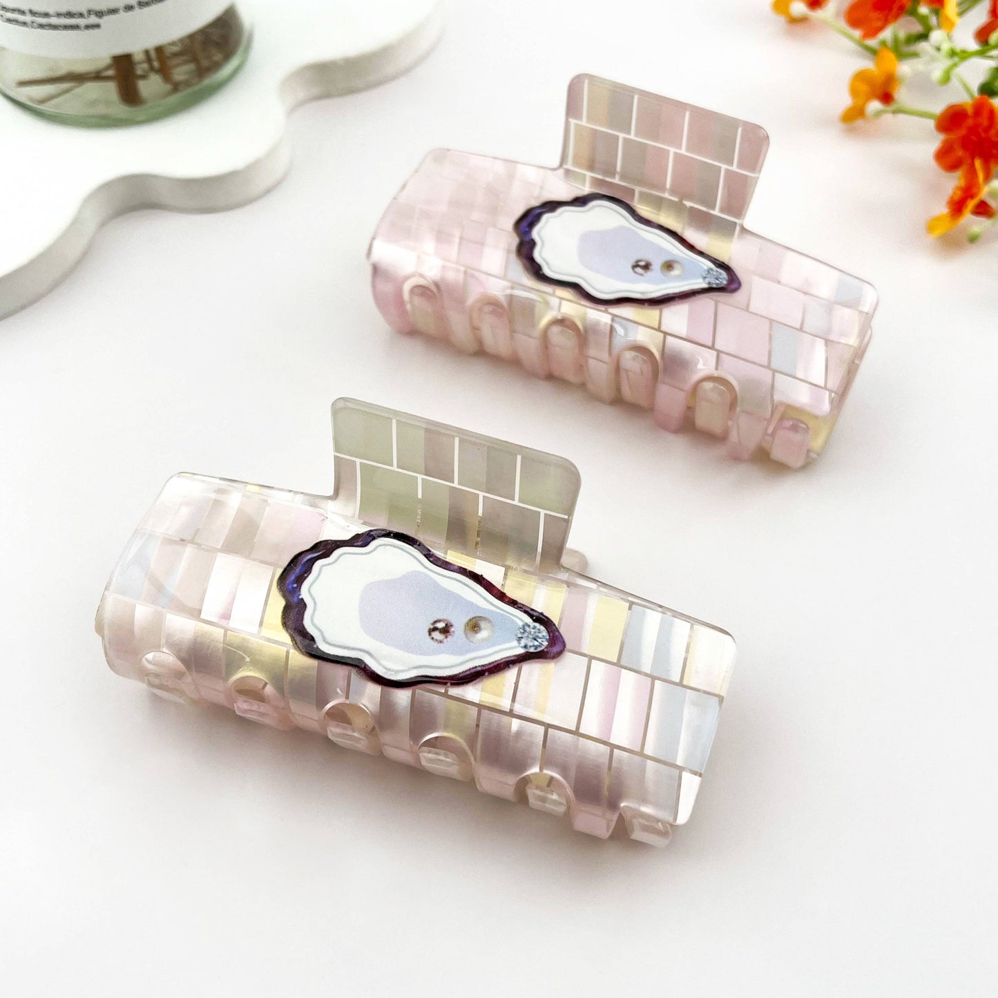 Iridescent Oyster Shell Square Claw Clip Coastal Style: Colorful