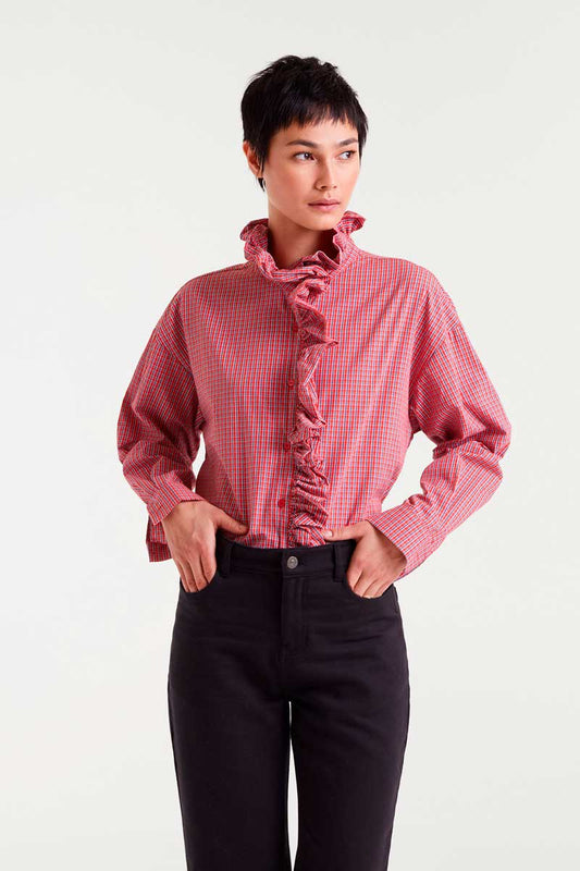 Check Ruffle Blouse | Red