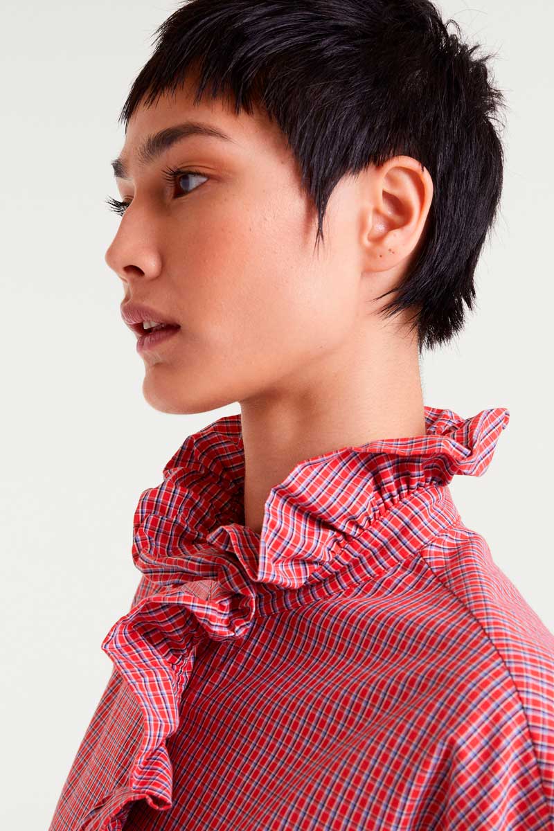 Check Ruffle Blouse | Red