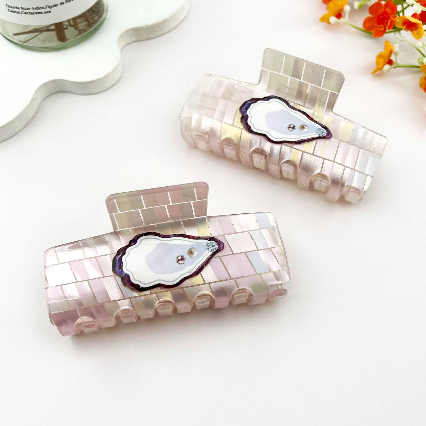 Iridescent Oyster Shell Square Claw Clip Coastal Style: Colorful