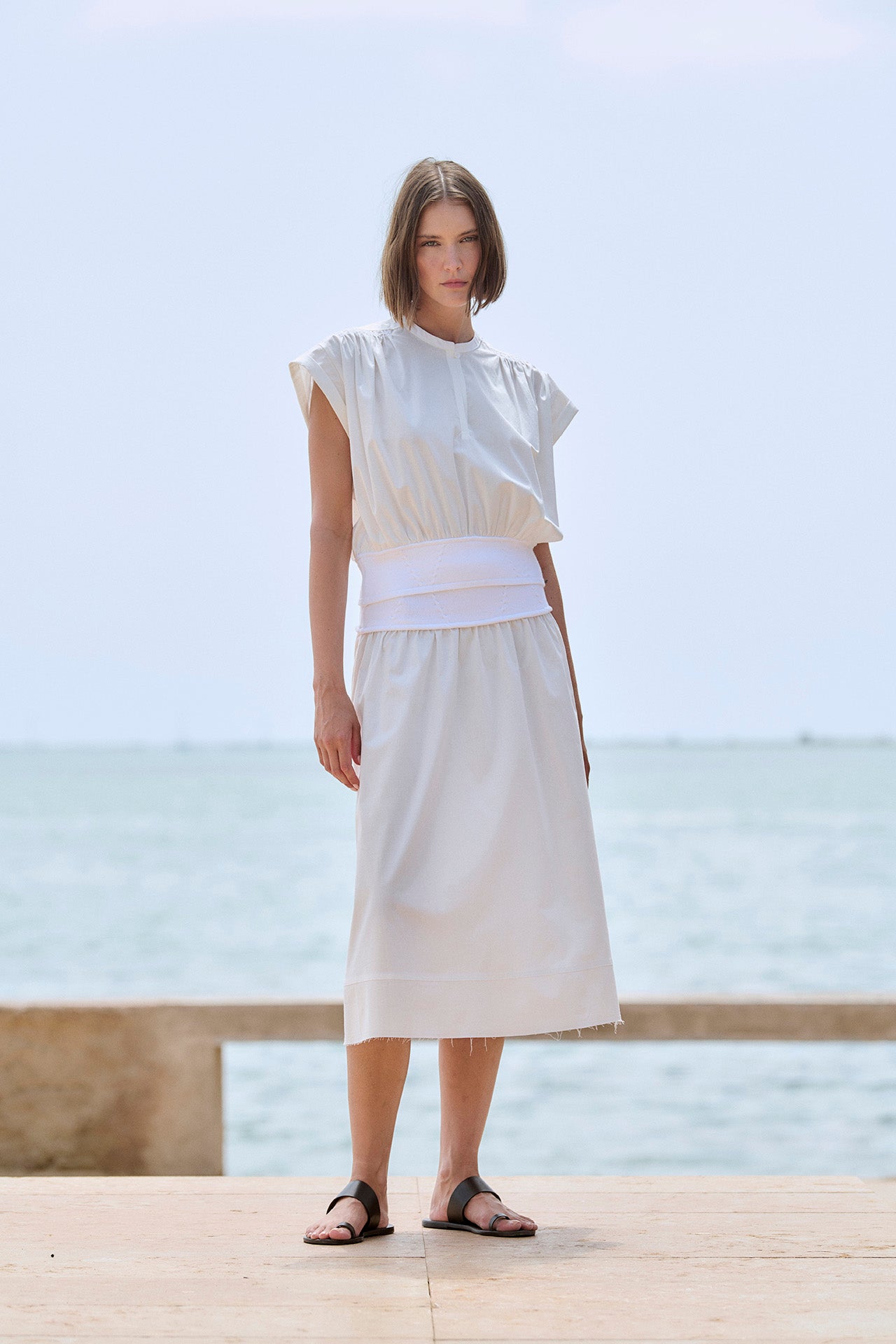 Mixed Poplin Knit Top | White