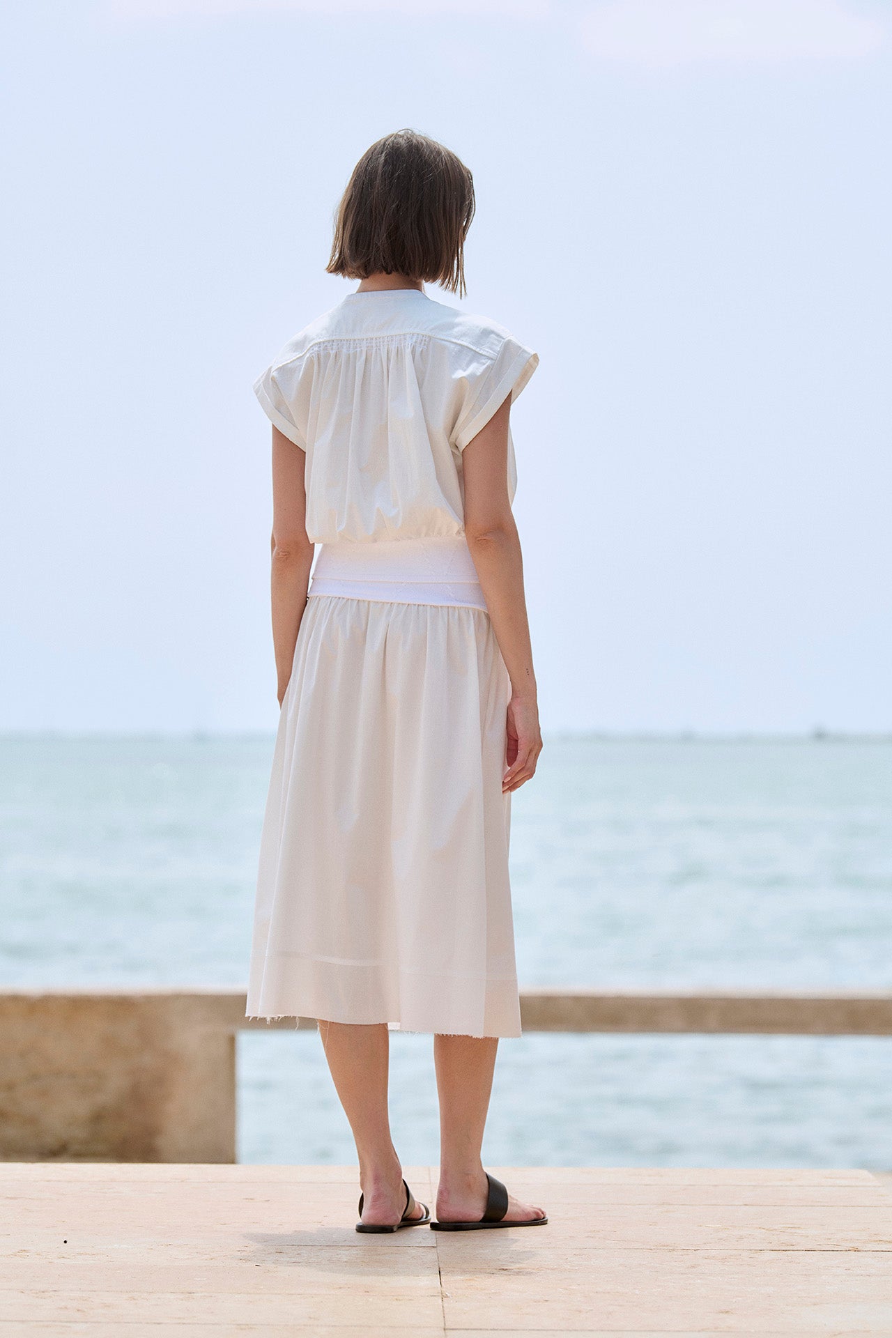 Mixed Poplin Knit Skirt | White