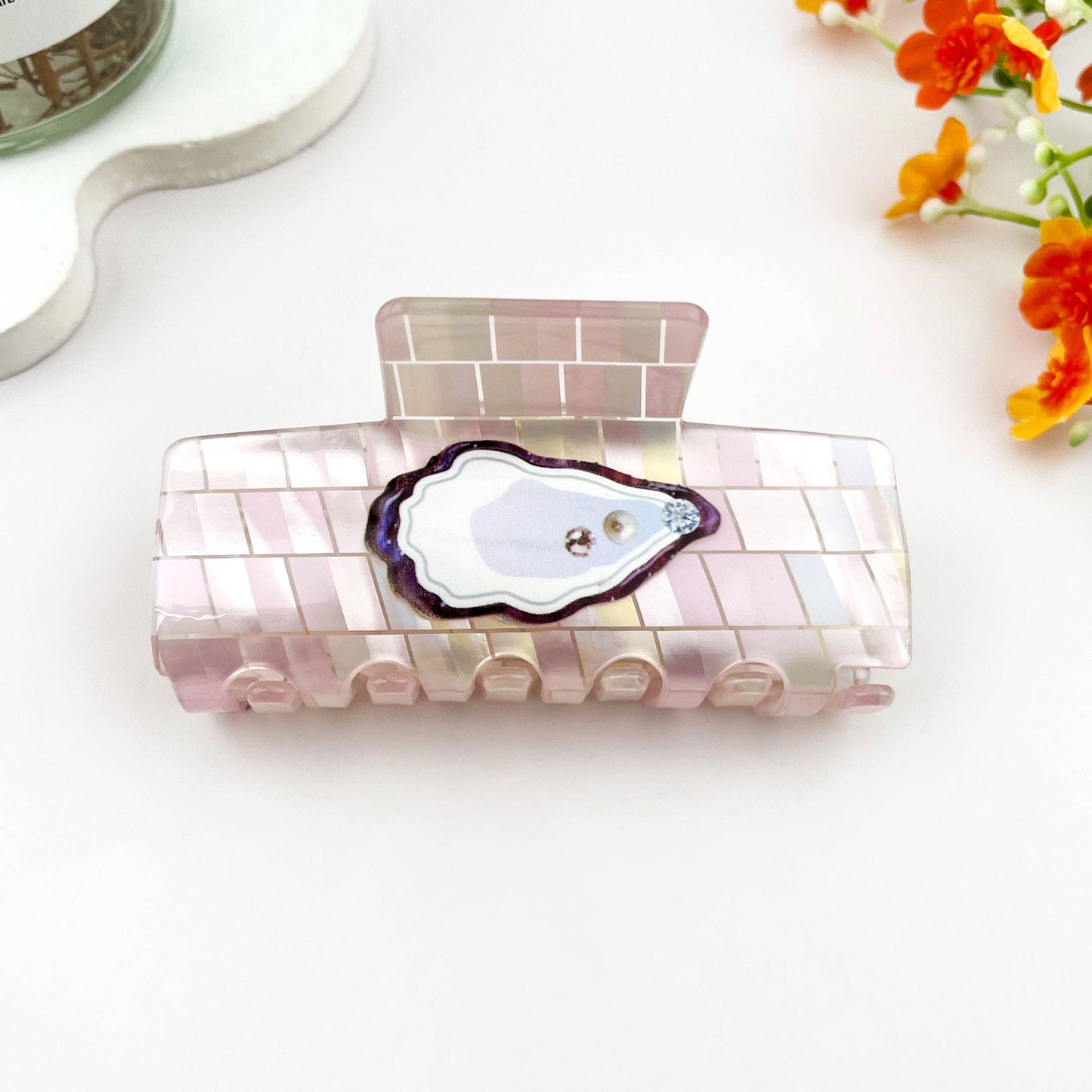Iridescent Oyster Shell Square Claw Clip Coastal Style: Colorful