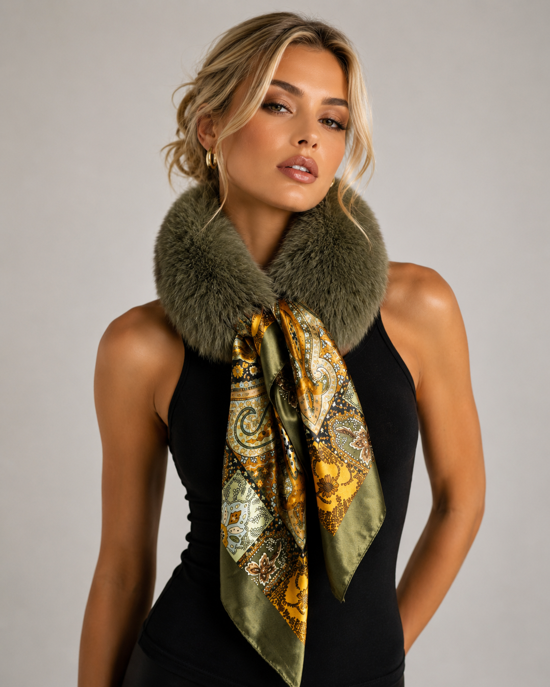 Olive Fox Collar w/Silk Scarf