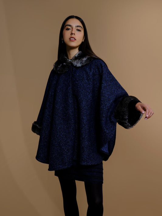 Fur Collar Poncho | Ink