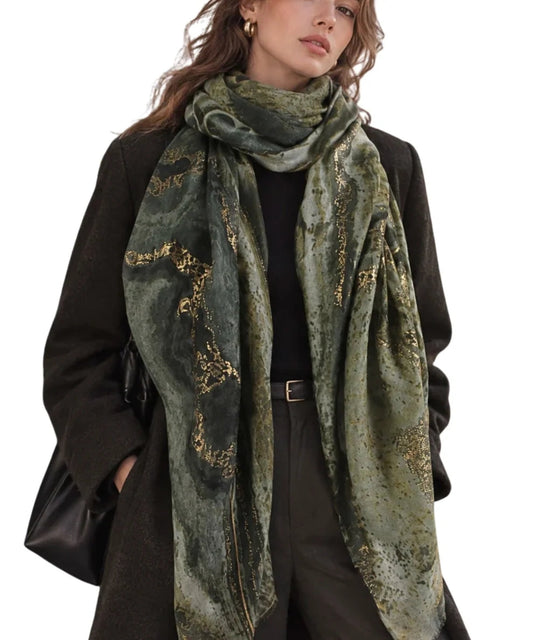 Sheer Geometric Wave Print Scarf | Olive