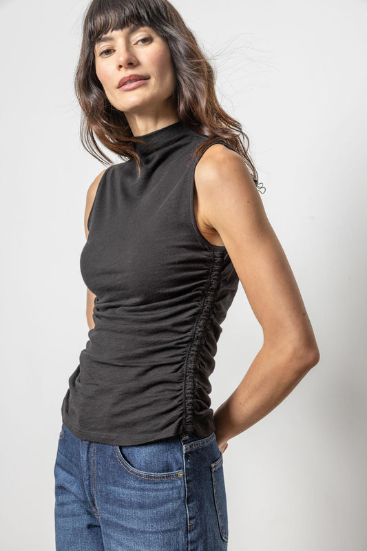 Shirred Mock Neck Tank | Black