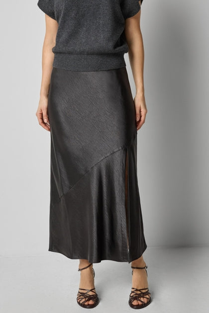 Satin Slit Front Skirt | Black