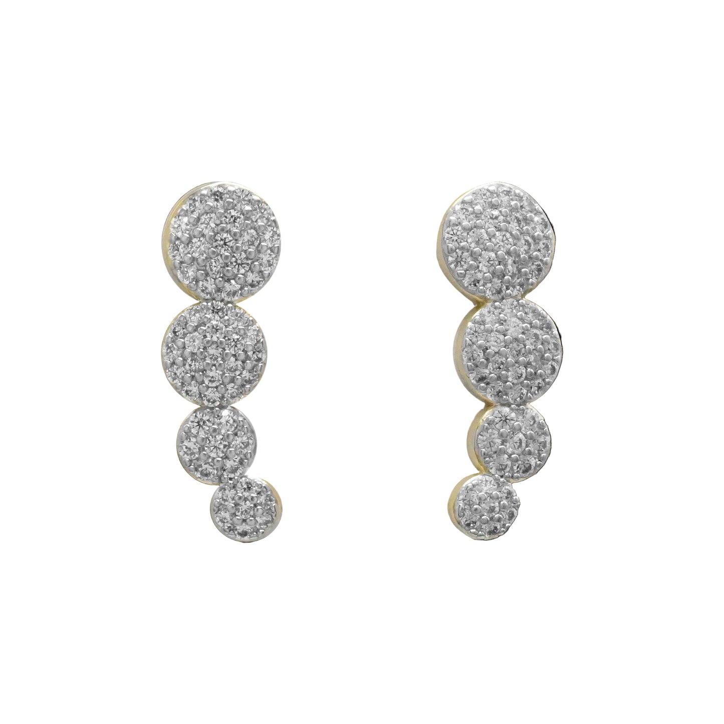 Pair of earrings with multiple round gemstones on a white background