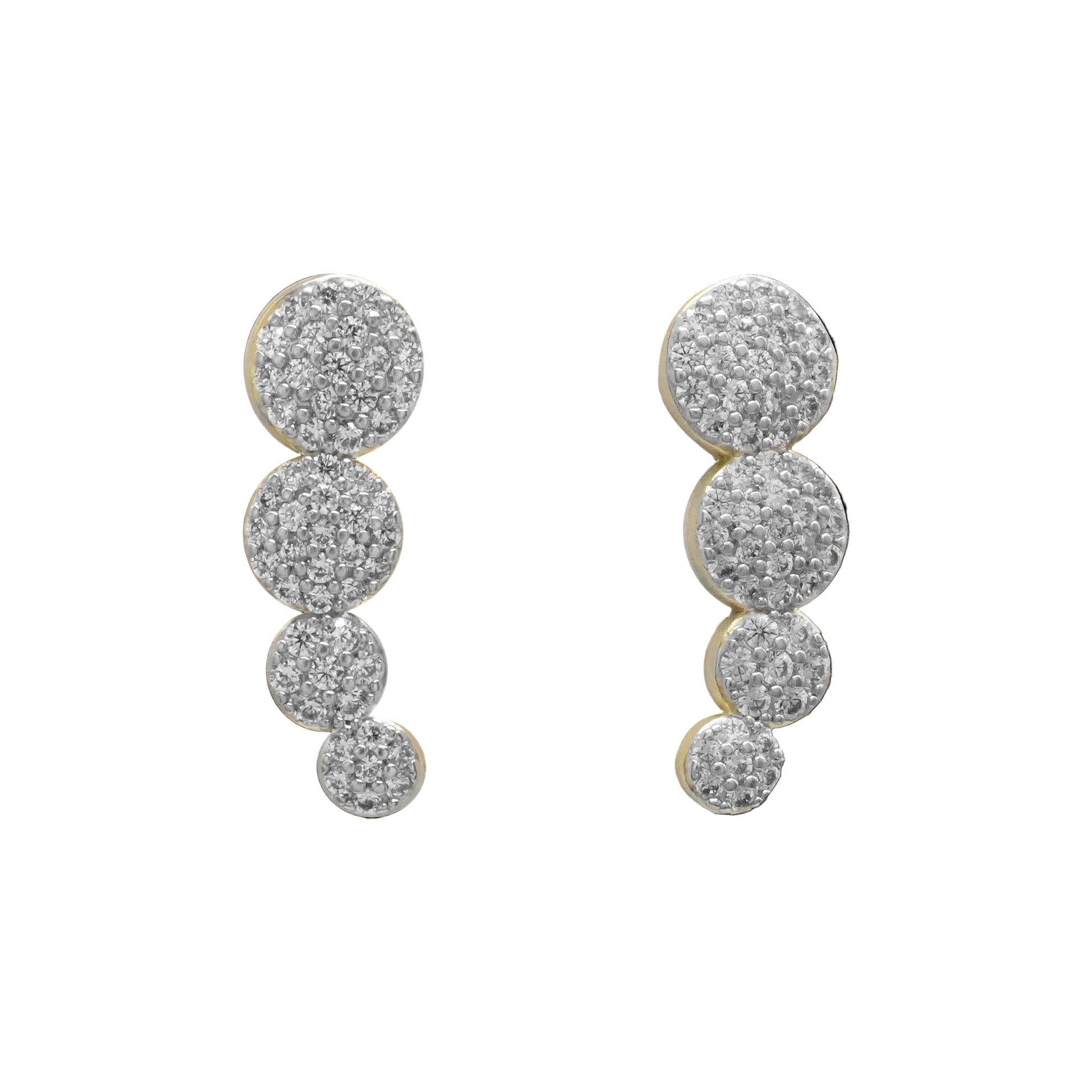 Pair of earrings with multiple round gemstones on a white background