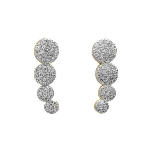 Pair of earrings with multiple round gemstones on a white background