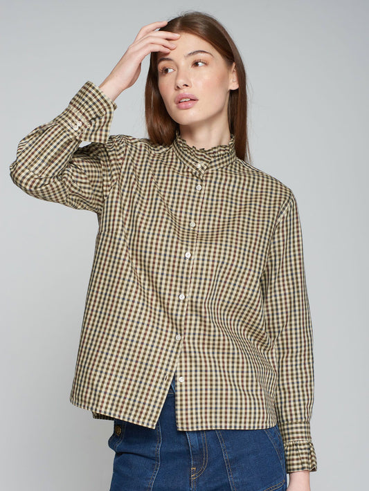 Plaid Ruffle Neck Blouse