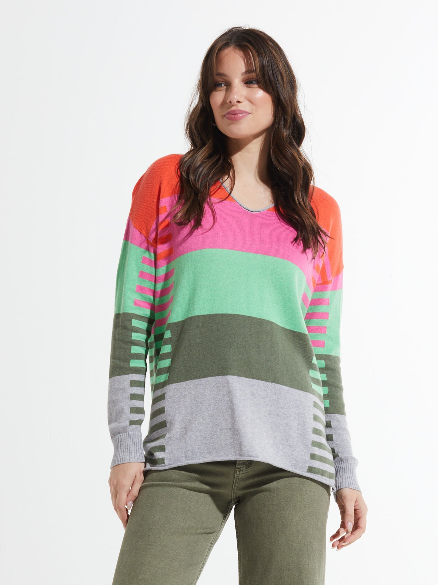 Varied Stripe V Sweater | Coral