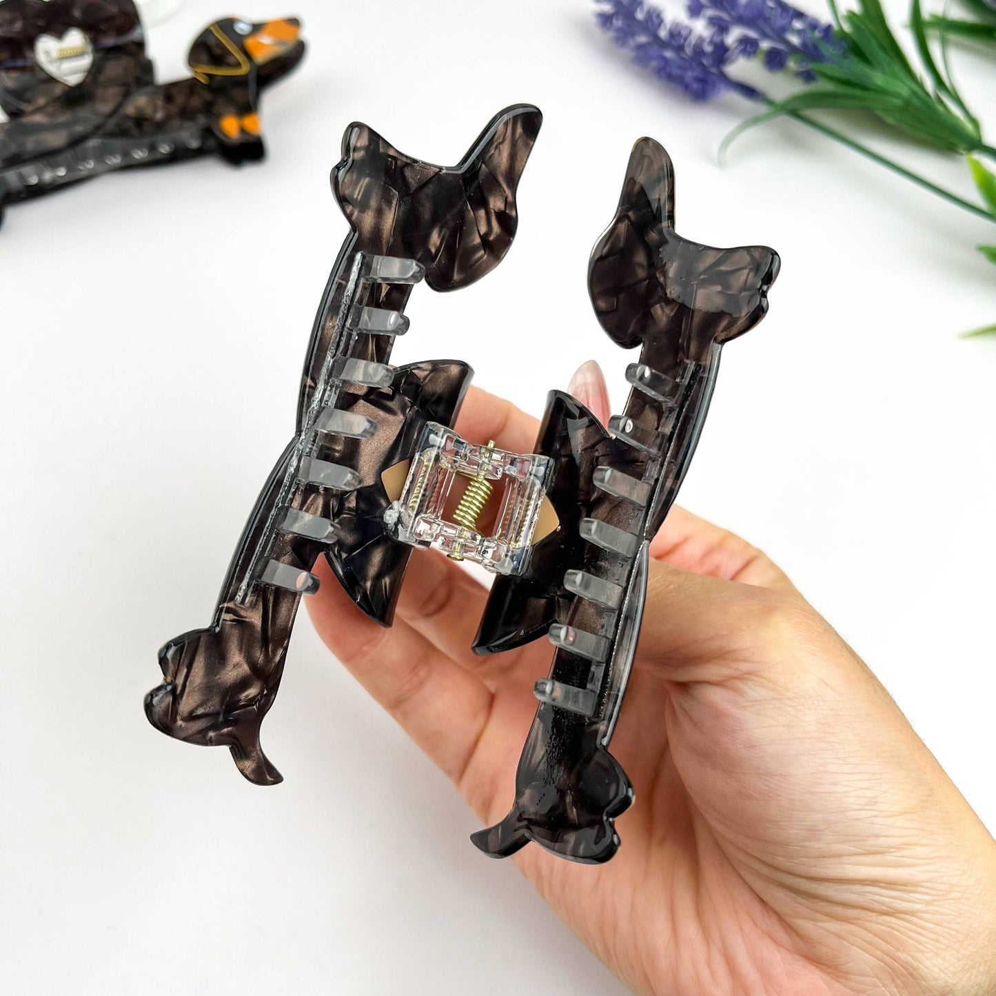 Heart Dachshund Acetate Hair Claw Clip: Brown