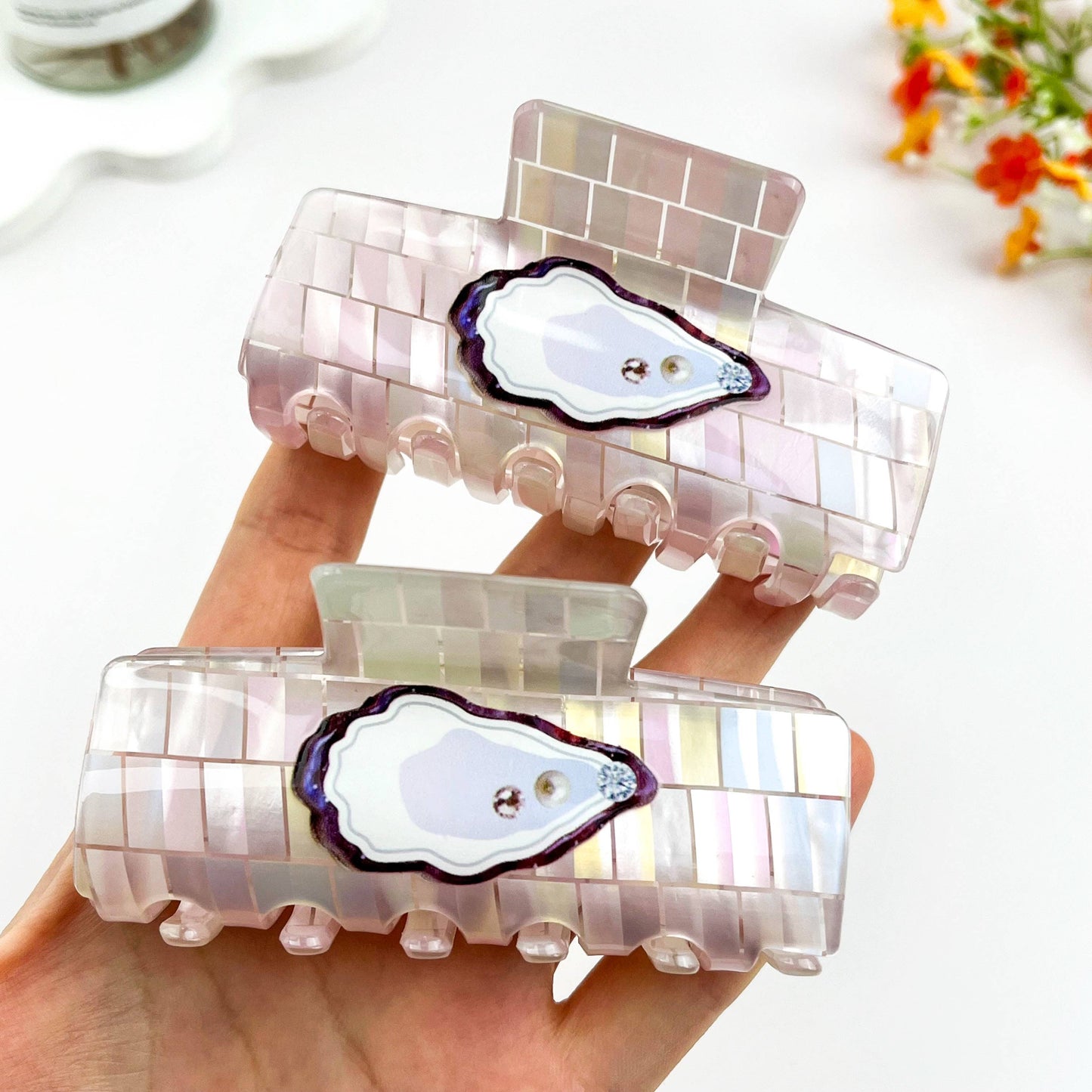 Iridescent Oyster Shell Square Claw Clip Coastal Style: Colorful