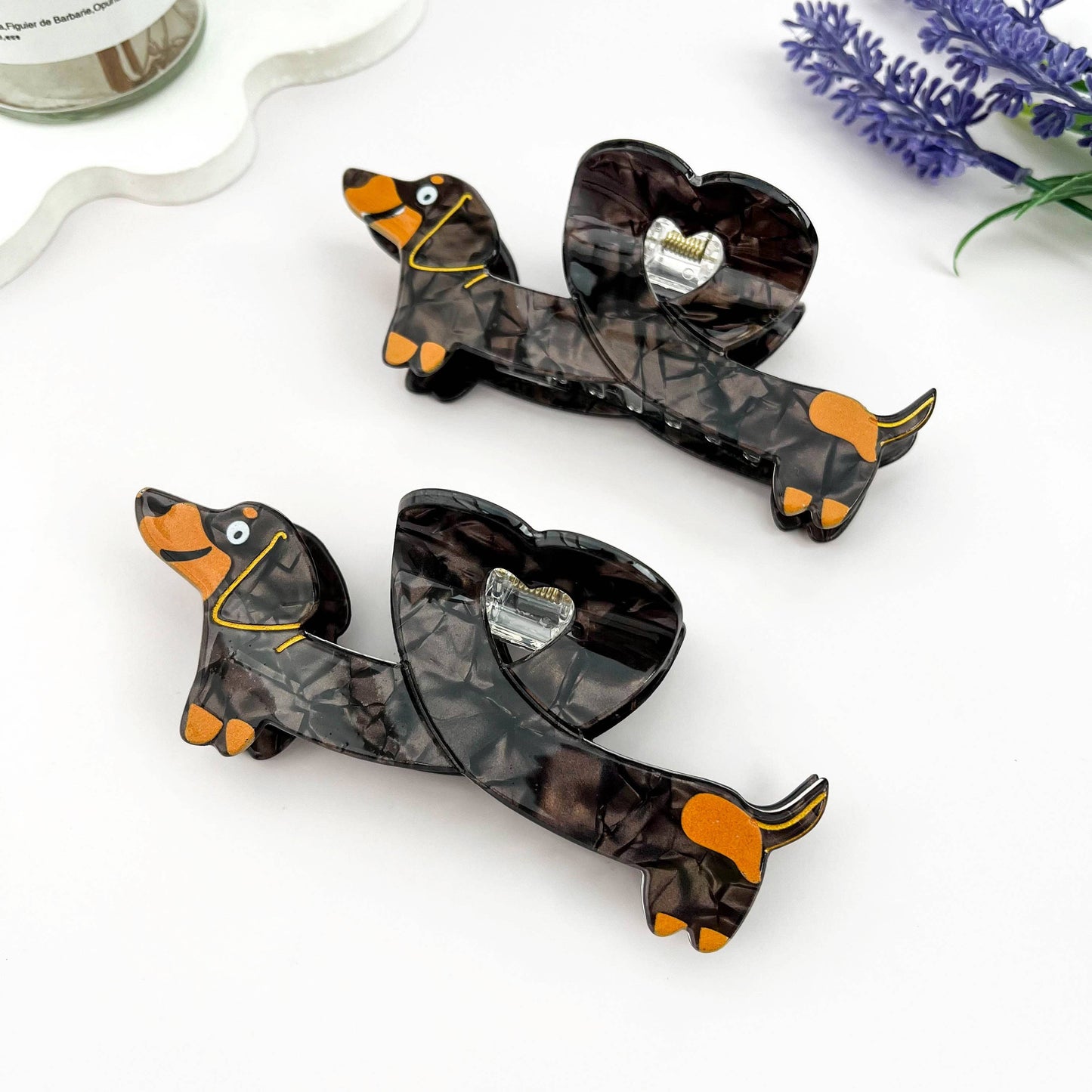 Heart Dachshund Acetate Hair Claw Clip: Brown