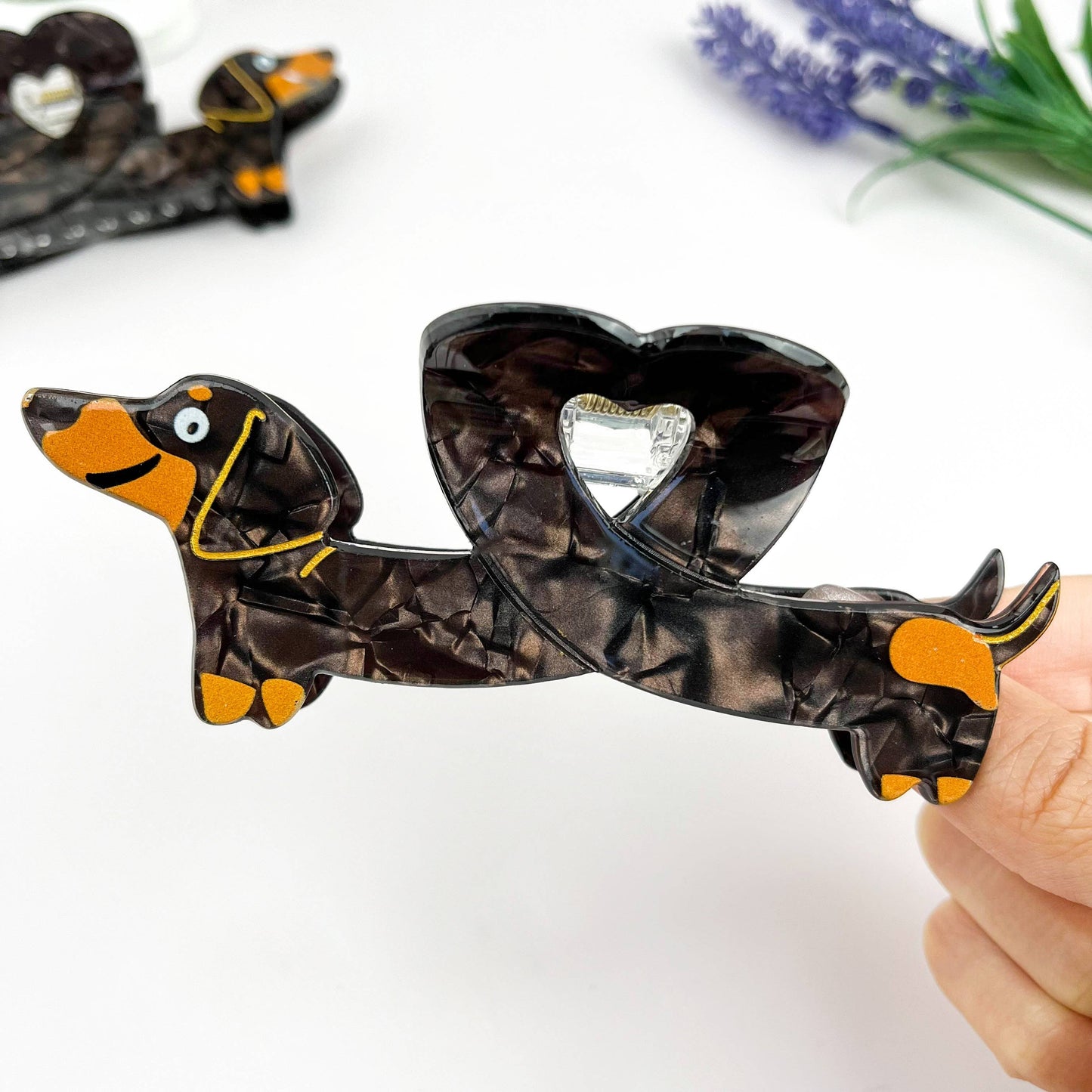 Heart Dachshund Acetate Hair Claw Clip: Brown