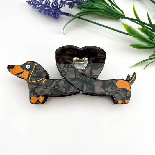 Heart Dachshund Acetate Hair Claw Clip: Brown
