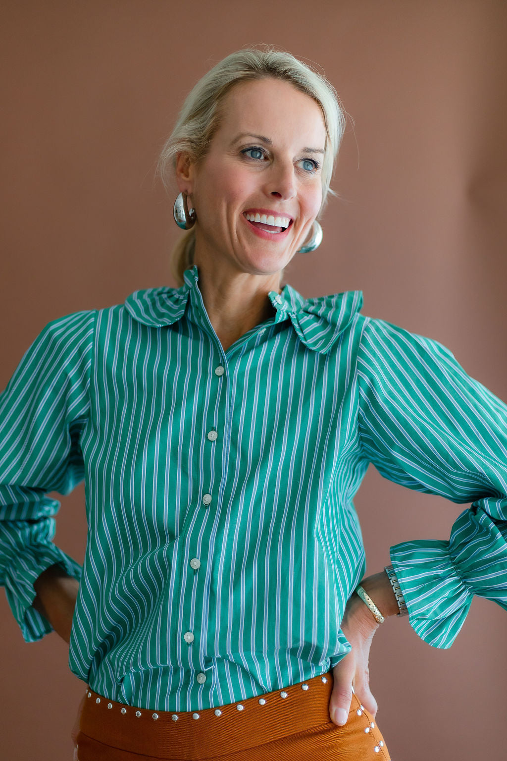 Green Striped Ruffle Shirt