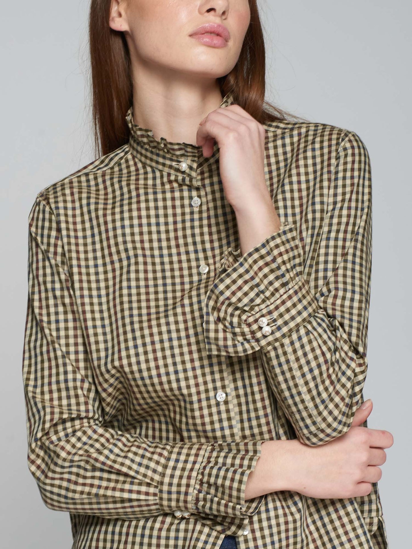 Plaid Ruffle Neck Blouse